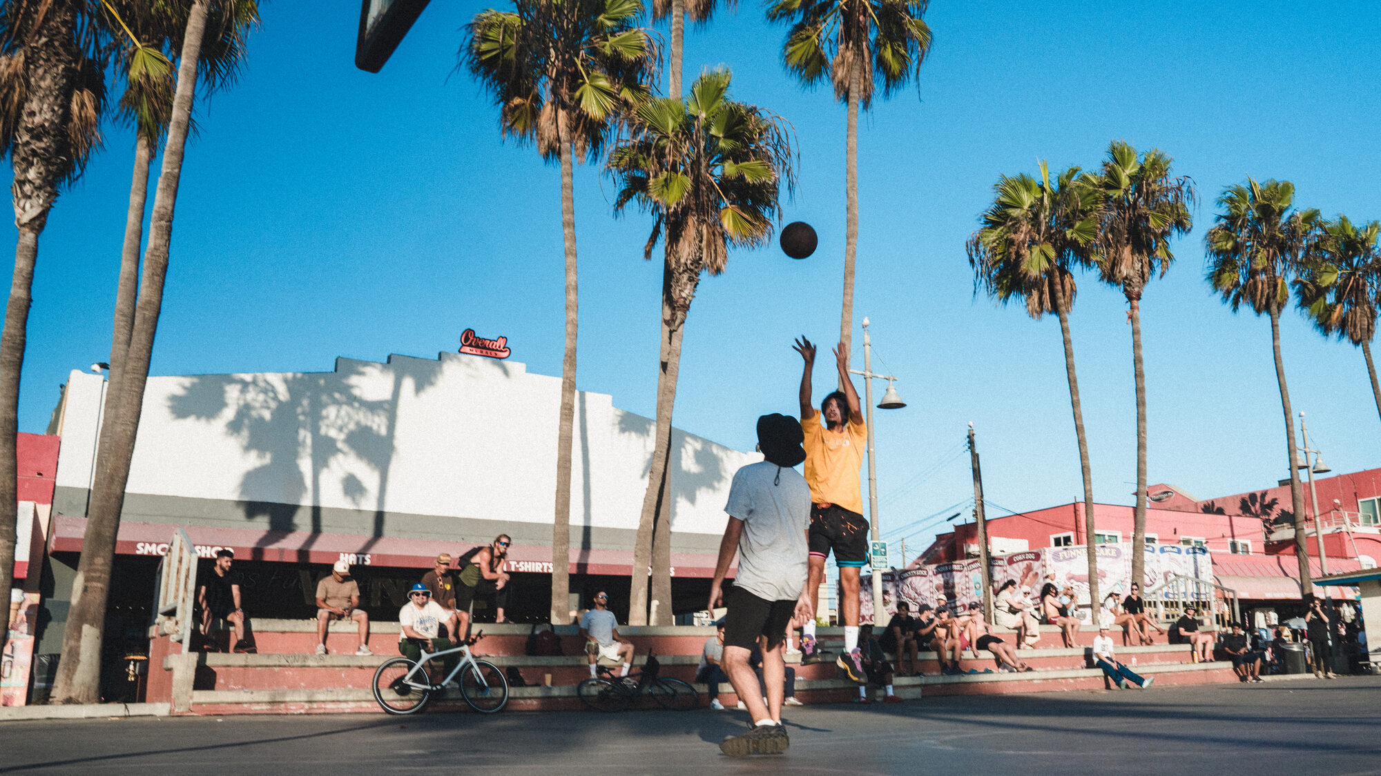 A basketball player shooting beneath palm trees at Venice Beach